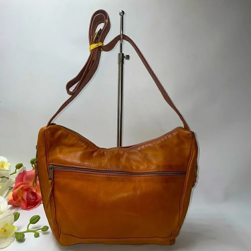 Vintage Forest Leather Shoulder Bag Camel Medium